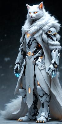 The primary subject of the image is a person dressed in a white and grey outfit, which appears to be a futuristic or robotic costume. The setting is a dark background, which contrasts with the bright colors of the outfit. The visual style is digital art, as the person is depicted with a combination of human and mechanical elements. The colors and mood of the image are predominantly dark and mysterious, with the white and grey outfit standing out against the black background.